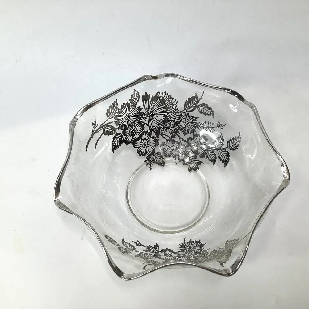 Vintage Silver Overlay Clear Glass Bowl Flowers Scalloped Edge Footed Candy Dish